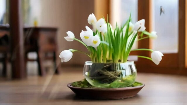 Spring's Beauty: A Glass Vase of Fresh Tulips. Seamless looping 4k timelapse virtual video animation background generated AI

