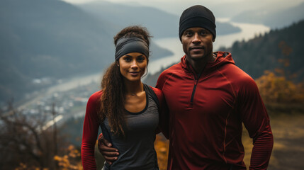 Fit young couple out for a trail run on a rainy day