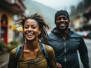 Laughing young black couple jogging together on a rainy day