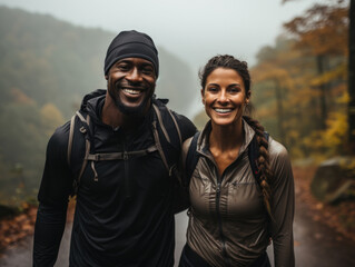 Young diverse couple smiling while hiking on a rainy day
