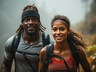 Fit african american couple smiling while trail running on an overcast day