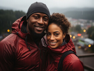 Smiling african american young couple hiking together on a rainy day
