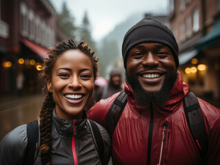 Young african american couple smiling in the city on a rainy day