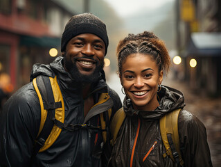 Smiling african american young couple standing on a street on a rainy day
