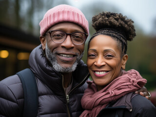 Mature african american couple smiling on a city street on a winter day