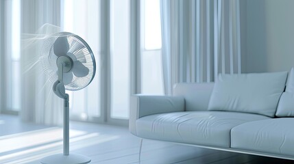 a sleek, high-end electric fan set against the backdrop of a modern, minimalist white apartment, highlighting its elegance and functionality.