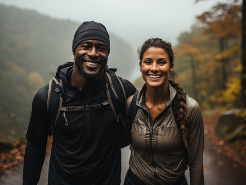 Young diverse couple smiling while hiking on a rainy day
