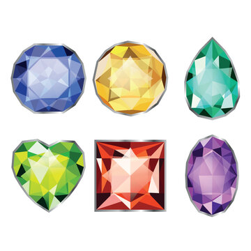 Сolorful gemstones of different types set white isolated background. Colorful shinning brilliants set