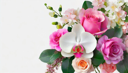 Bouquet of roses and orchid isolated on white background, beautiful flowers