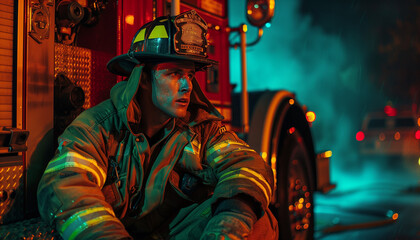 exhausted firefighter sits near the firetruck 