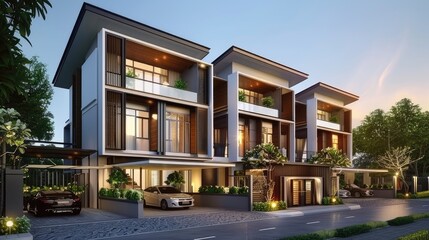 Obraz premium a single-section low-rise building spanning three floors, showcasing the elegance of duplex apartments within, blending modern design with functionality.