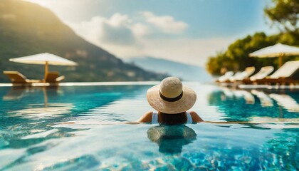 Luxury swimming pool spa resort travel honeymoon destination woman relaxing in infinity pool at hotel nature background summer holiday. ( - obrazy, fototapety, plakaty