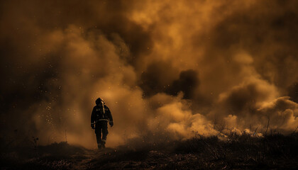 Huge dark smoke fire, fireman at work