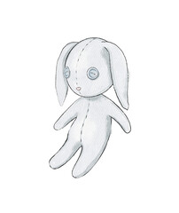 Watercolor cute cartoon gray bunny rabbit toy isolated on white background. Watercolor hand drawn illustration sketch
