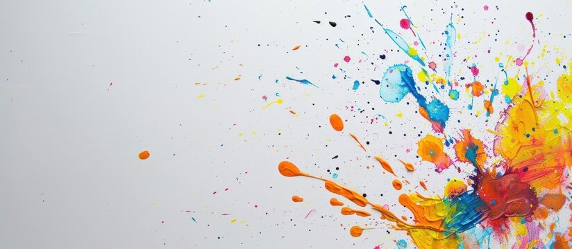 Illustration colorful paint splashes on a white wall background. AI generated image