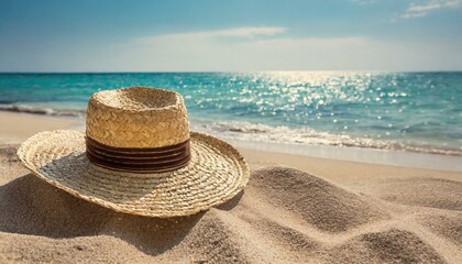 Fototapeta na wymiar Straw hat on the beach. Beach holiday concept.