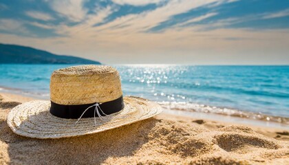 Straw hat on the beach. Beach holiday concept. 