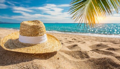 Fototapeta na wymiar Straw hat on the beach. Beach holiday concept