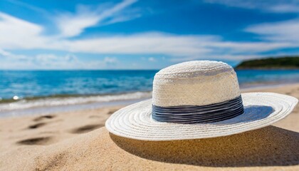 Fototapeta na wymiar White Straw hat on the beach. Beach holiday concept.