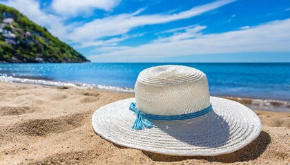 Fototapeta na wymiar White Straw hat on the beach. Beach holiday concept. 