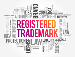Registered Trademark - typographic symbol that provides notice that a trademark has been registered with a national trademark office, word cloud concept background