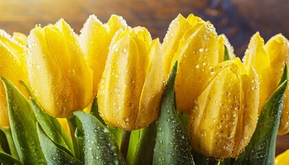 Fresh yellow tulips with water droplets, perfect for spring themes