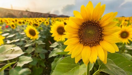 Obraz premium Sunflowers are well-known plants grown in open fields, boasting remarkable beauty.