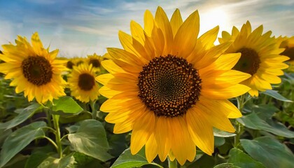 Obraz premium Sunflowers are well-known plants grown in open fields, boasting remarkable beauty.
