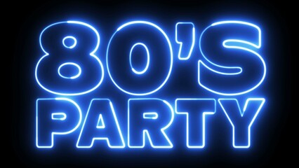 80s Party text font with neon light. Luminous and shimmering haze inside the letters of the text 80's Party. 