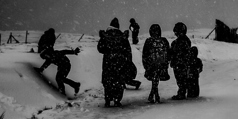 silhouettes of people on the snow