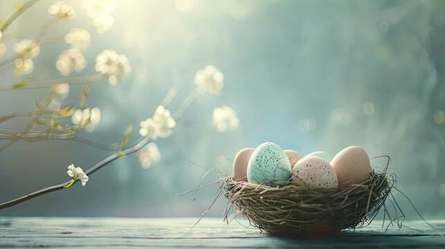 a small, rustic basket filled with pastel-colored eggs, perfect for overlaying text and conveying a sense of serenity and renewal.
