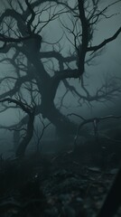 Horror Tree with Fog and smoke. Card design. Banner, 