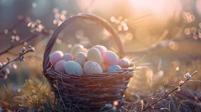 a small, rustic basket filled with pastel-colored eggs, perfect for overlaying text and conveying a sense of serenity and renewal.