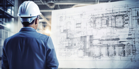 Construction Project: A Professional Architect Examining Blueprint, Planning and Building with a Group of Workers on an Industrial Site