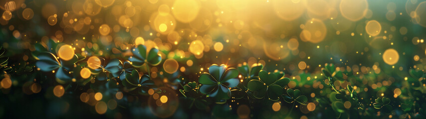 saint patrick's day with the four-leaf clover in the colors green and gold, banner with copy space, created with generative AI technology