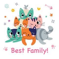 Cute card with family cats. Best family forever. Vector illustration.