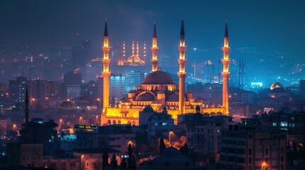 Fototapeta premium The Mosque Shines at Night, Amazing View of the Grand Mosque.