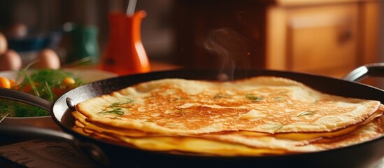 A frying pan sits on a table, filled with food cooking on the stove. Thin pancakes are being prepared in a light kitchen interior.