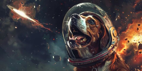 A beagle in a space helmet barks excitedly at a passing comet stars dotting the background