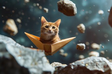 A brave cat piloting a paper spaceship through an asteroid belt dodging rocks