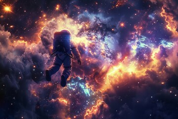 A cosmic scene with an astronaut dog performing a spacewalk a stunning nebula and star clusters in the background under the glow of cosmic rays - obrazy, fototapety, plakaty