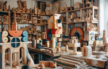 A cubism art exhibit set in a woodshop where a wizard teaches techniques to blend magic and craftsmanship in creating functional art