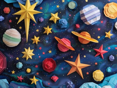 A constellation of origami stars and planets creating a galaxy of paper art in space
