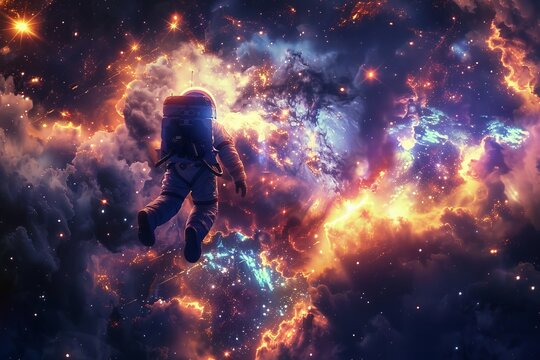 A cosmic scene with an astronaut dog performing a spacewalk a stunning nebula and star clusters in the background under the glow of cosmic rays