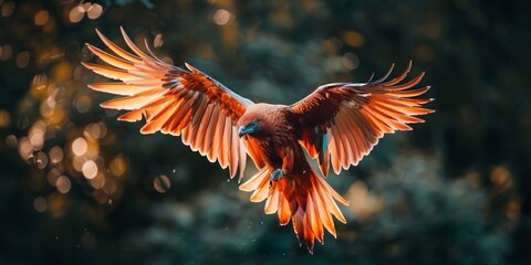 A eagle like phoenix flying in the mystical forest - obrazy, fototapety, plakaty