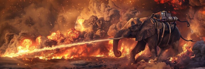 A elephant working as a firefighter bravely putting out a blazing fire - obrazy, fototapety, plakaty
