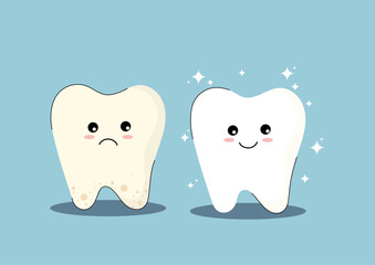 Cute white tooth and tooth with yellow plaque before. Teeth stain treatment, cleaning, whitening concept. Flat cartoon emoji character vector illustration. Dental hygiene stained teeth