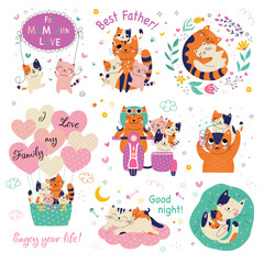 Big set. Cute card with family cats. Best family ever. Vector illustration. white background