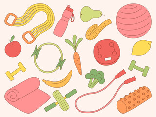 Sport and fitness tools and accessory. Fitness, weight loss and healthy lifestyle concept. Expander, dumbbells, water bottle, fitball, fitness mat. Training items, workout stuff. Vector sport tools