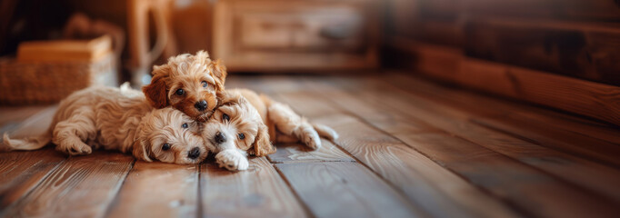 Puppies together on the floor as friends forever - obrazy, fototapety, plakaty